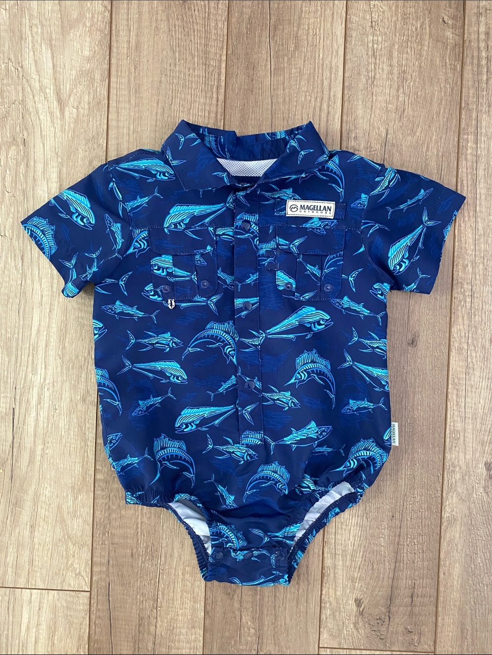 Magellan Outdoors Navy and Aqua Fish Print Infant Shirt
